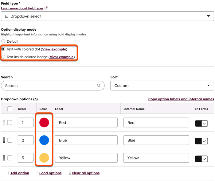 Create property screen for a dropdown select field type showing three colored circles for red, blue, and yellow within a table.