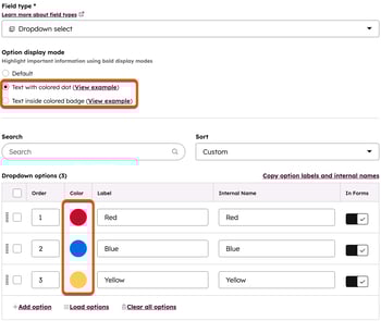 Create property screen for a dropdown select field type showing three colored circles for red, blue, and yellow within a table.