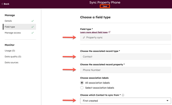 A HubSpot property creation screen for the Deal object. It is configured as a Property sync from the Contact object, pulling the Phone Number from the 'First created' contact.