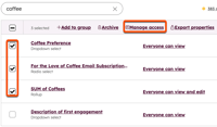 Three properties selected in a HubSpot property search for ‘coffee’, with Manage access highlighted above the table of results.