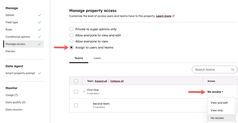 Manage property access settings screen with ‘Assign to users and teams’ selected and No access set for First One team.