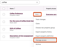 Property settings search for ‘coffee’ with the More menu expanded and Manage access option highlighted.