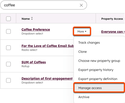Property settings search for ‘coffee’ with the More menu expanded and Manage access option highlighted.