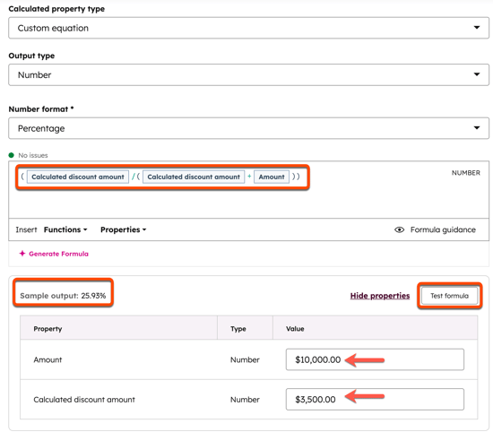 HubSpot calculated property settings showing a custom equation for a percentage discount, with formula and sample output.