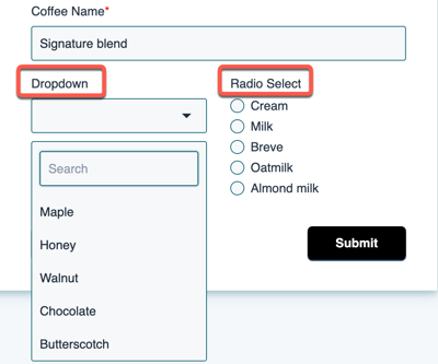 A HubSpot form showing two field types: 'Dropdown' and 'Radio Select'. The dropdown shows a list of coffee flavors, while the radio select shows a list of milk options.