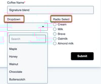 A HubSpot form showing two field types: 'Dropdown' and 'Radio Select'. The dropdown shows a list of coffee flavors, while the radio select shows a list of milk options.