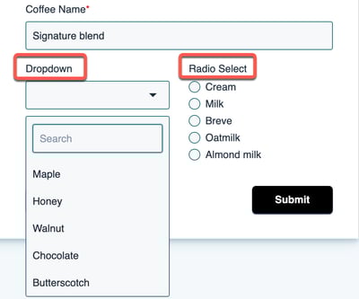 A HubSpot form showing two field types: 'Dropdown' and 'Radio Select'. The dropdown shows a list of coffee flavors, while the radio select shows a list of milk options.