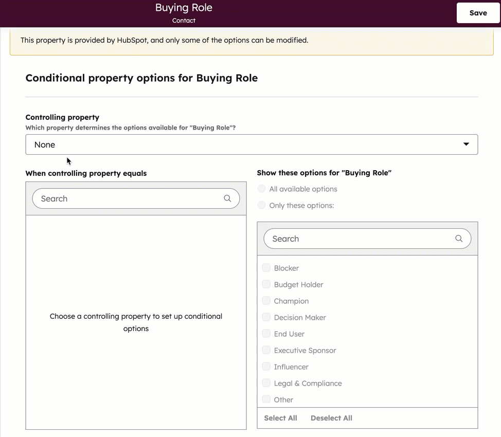 GIF que muestra la pantalla de propiedades de opciones condicionales. El usuario ajusta "Departamento" como propiedad padre y "Rol de compra" como propiedad hija. Algunas opciones sólo son visibles cuando se selecciona "Legal".
