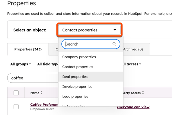 A HubSpot 'Properties' settings page showing the 'Select an object' dropdown menu. The menu is open, with 'Contact properties' selected and other options visible.