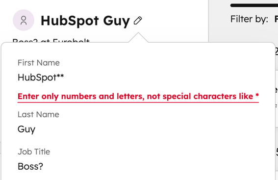 A first name field containing “HubSpot**” with a red validation error instructing the user not to use special characters.