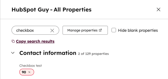 A contact showing a multiple checkbox property with a red-outlined value labeled “90,” indicating an invalid option.