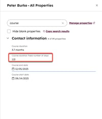 A HubSpot property details screen for 'Peter Burke'. The value for 'Course duration fixed number of days' is highlighted, showing '113'.