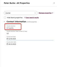 A HubSpot property details screen for 'Peter Burke'. The 'Course duration' field is highlighted, showing a value of '3.7 months'.