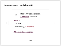The "Your outreach activities" card in the sales workspace, showing tasks for a sequence