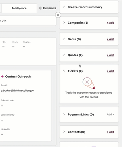 An animated GIF showing a user on a HubSpot record page clicking '+ Add' next to 'Tickets'. The user clicks an 'add existing' tab and associates tickets such as 'Fix Neal's anklet'.