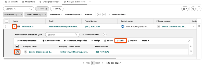In the contacts index page, a contact row is expanded to show Associated Companies. A company checkbox is selected and the Edit button is highlighted.