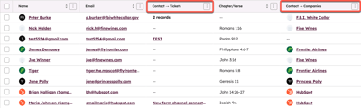 A HubSpot contacts index page in table view. The columns 'Contact → Tickets' and 'Contact → Companies' are highlighted, showing associated records for each contact in the list.