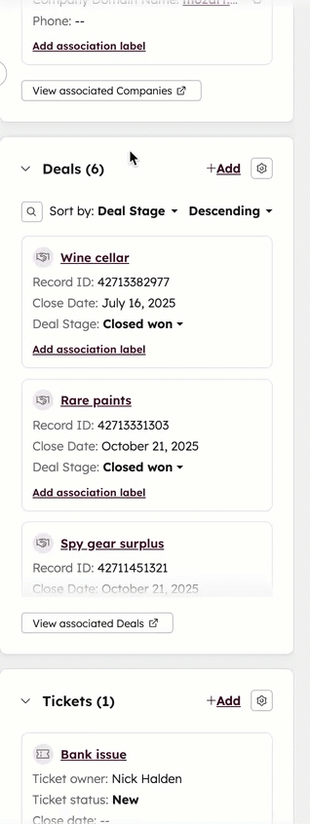 GIF displaying a "Deals" associations card on a contact. The user searches for records, sorts by properties, and opens an actions menu with options such as "preview".