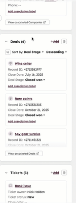 GIF displaying a "Deals" associations card on a contact. The user searches for records, sorts by properties, and opens an actions menu with options such as "preview".