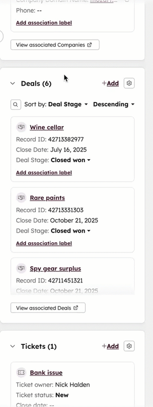 GIF displaying a "Deals" associations card on a contact. The user searches for records, sorts by properties, and opens an actions menu with options such as "preview".
