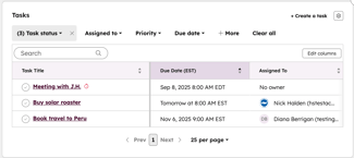 Project object Tasks card with columns for Task Title, Due Date, and Assigned To, filtered to show three tasks with various owners.