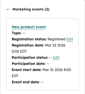 A detailed view of a Marketing event record in HubSpot titled "New product event." The card lists the registration date as Mar 22, 2026, and provides links to edit registration and participation status.