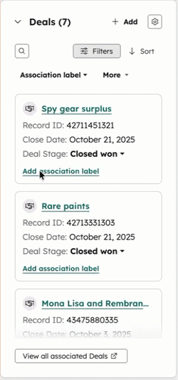 GIF displaying a "Deals" associations card on a contact. The user searches for records, sorts by properties, and opens a quick filter menu and filters by closed won deals.