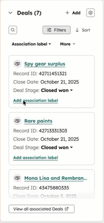 GIF displaying a "Deals" associations card on a contact. The user searches for records, sorts by properties, and opens a quick filter menu and filters by closed won deals.
