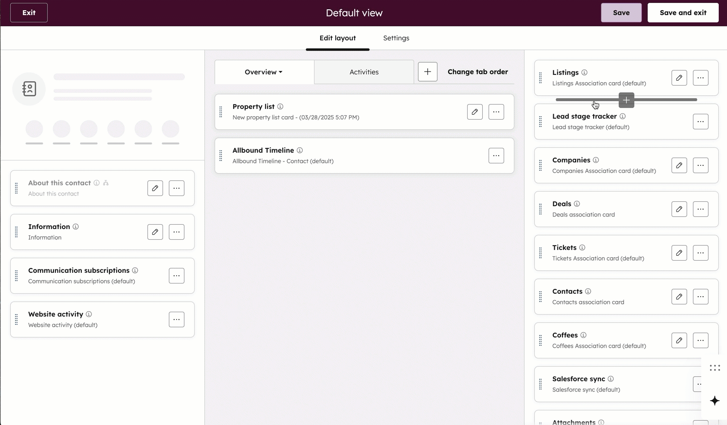 GIF displaying the record customization screen. The user adds a custom 'activity totals' card that shows logged incoming activities such as live chats.