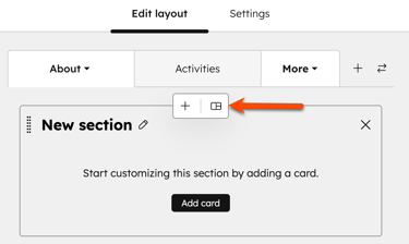 Record layout editor with a new section, new section icon highlighted with an arrow, and options to add cards or adjust layout.