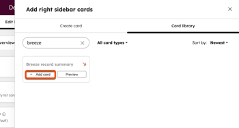 A HubSpot 'Add preview sidebar cards' interface, showing a search for 'bree' in the card library. An orange arrow points to the 'Add card' button for 'Breeze record summary' to be added to the sidebar.