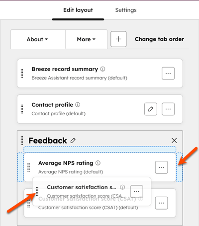 Edit layout screen with a Feedback section highlighting draggable cards for Average NPS rating and Customer satisfaction score (CSAT).