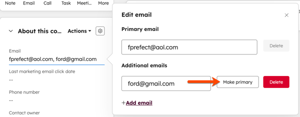 Making an additional email the primary email address by clicking the email field and then clicking "Make primary" next to the additional email.