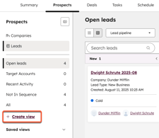 The sales workspace on the Prospecting tab, highlighting the option to create your own leads view.