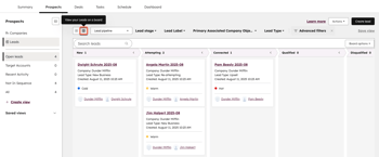 The sales workspace on the Prospecting tab, highlighting the option to view your leads on a board.