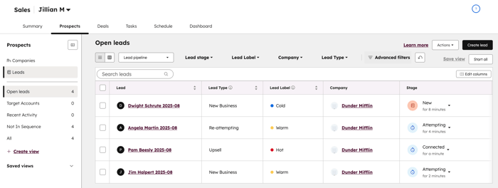 Sales workspace showing the Prospects tab. The main panel displays Open leads in a table format with columns displaying Lead type, Lead stage, Lead Label, Company, and Stage.