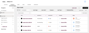 Sales workspace showing the Prospects tab. The main panel displays Open leads in a table format with columns displaying Lead type, Lead stage, Lead Label, Company, and Stage.