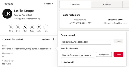 A contact record, showing the option to select the email address property and delete an additional email address.