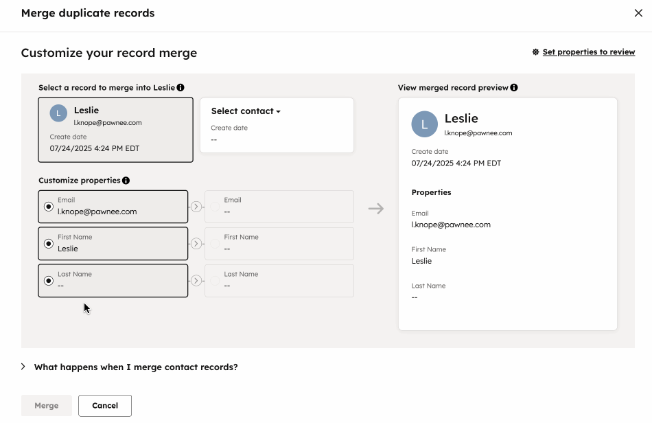 A gif showing the process of merging duplicate contacts.