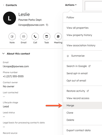 A contact record, showing the Actions dropdown menu, highlighting the option to merge.