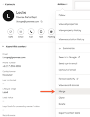 A contact record, showing the Actions dropdown menu, highlighting the option to merge.