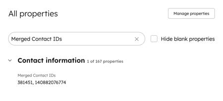 Contact properties, showing the Merged Contact IDs property after merging two contacts.