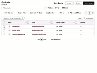 GIF displaying a contact index page. The user selects a few contacts, clicks a button to set contacts as marketing, and confirms in the dialog box.