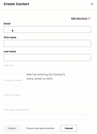 GIF displaying the create contact panel. The user enters various details then selects the checkbox to make it a marketing contact.
