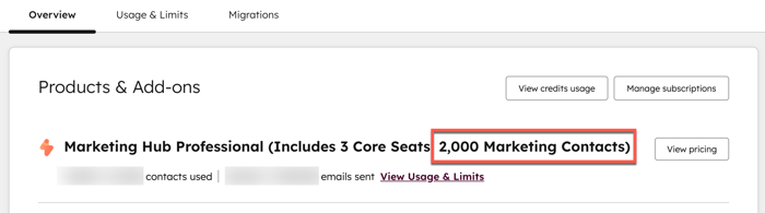 A HubSpot "Products & Add-ons" billing page section showing "Marketing Hub Professional." The text "2,000 Marketing Contacts" is highlighted with an orange box.