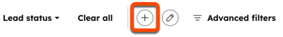 Updated quick filter controls in HubSpot showing add and edit filter icons. Add is highlighted in orange. An Advanced filters option is present.