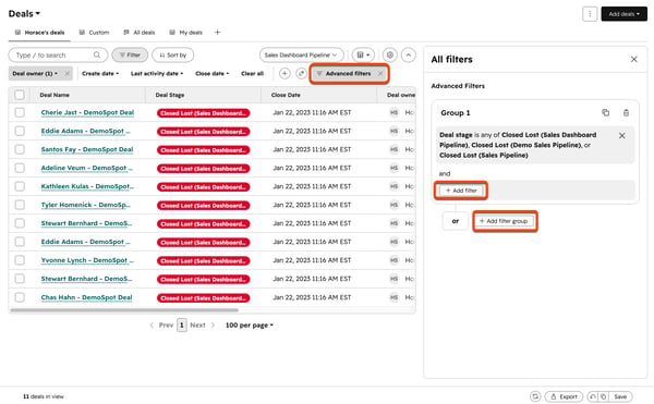 HubSpot deals index page showing the Advanced filters panel with highlighted options to add filters and filter groups for a saved deals view.