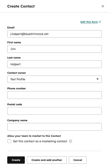 Updated Create Contact form in HubSpot with fields for email, name, and contact owner, plus Create button.