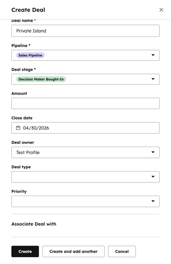 Updated Create Deal form in HubSpot with fields for pipeline, deal stage, amount, and close date, plus Create and Cancel buttons.