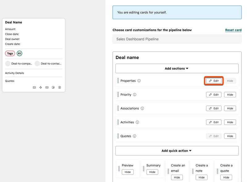 HubSpot deals board card customization screen with the Edit button highlighted for modifying properties displayed on deal cards in board view.
